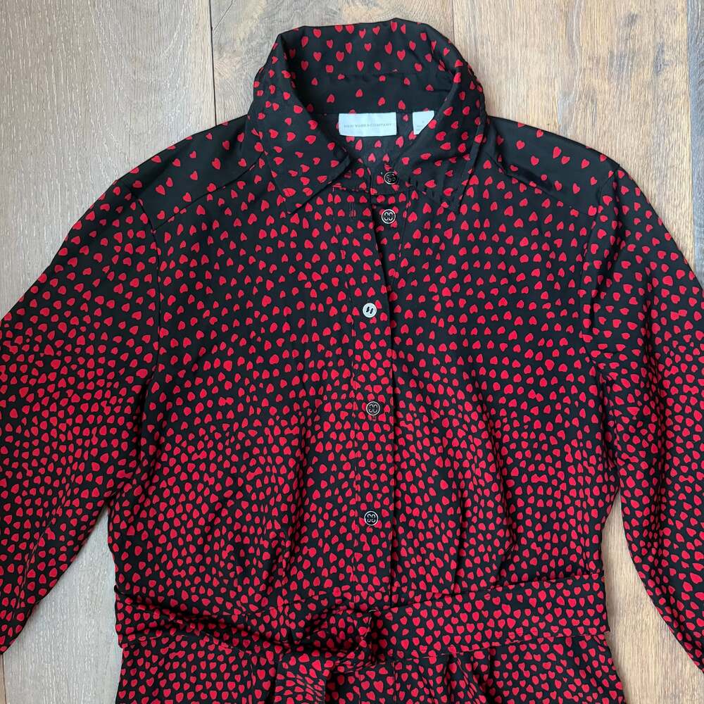 New York & Co Black Shirt Dress Red Hearts, 3/4 Sleeve, & Belt Valentine’s ~ Sm - Picture 2 of 7